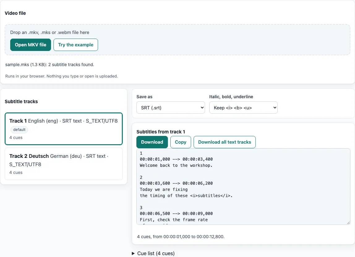 Extract srt from mkv example