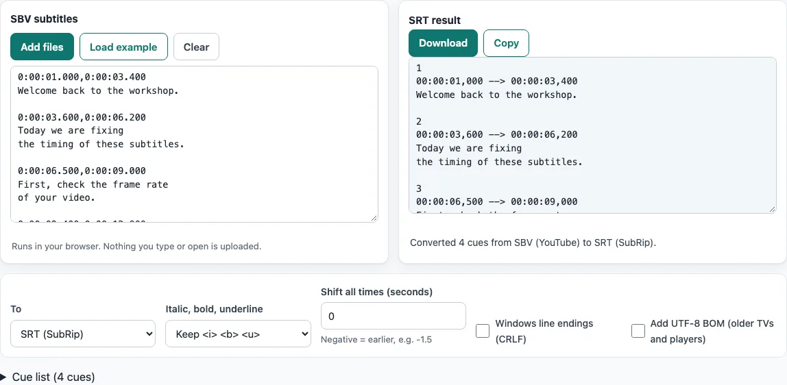 Sbv to srt example