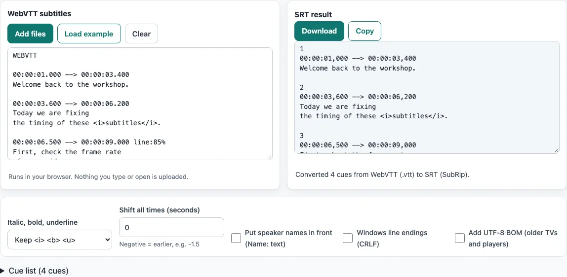 Vtt to srt example